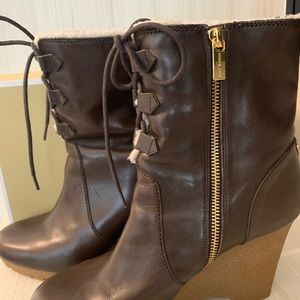 Michael Kors women’s brown leather Rory wedge booty boots
